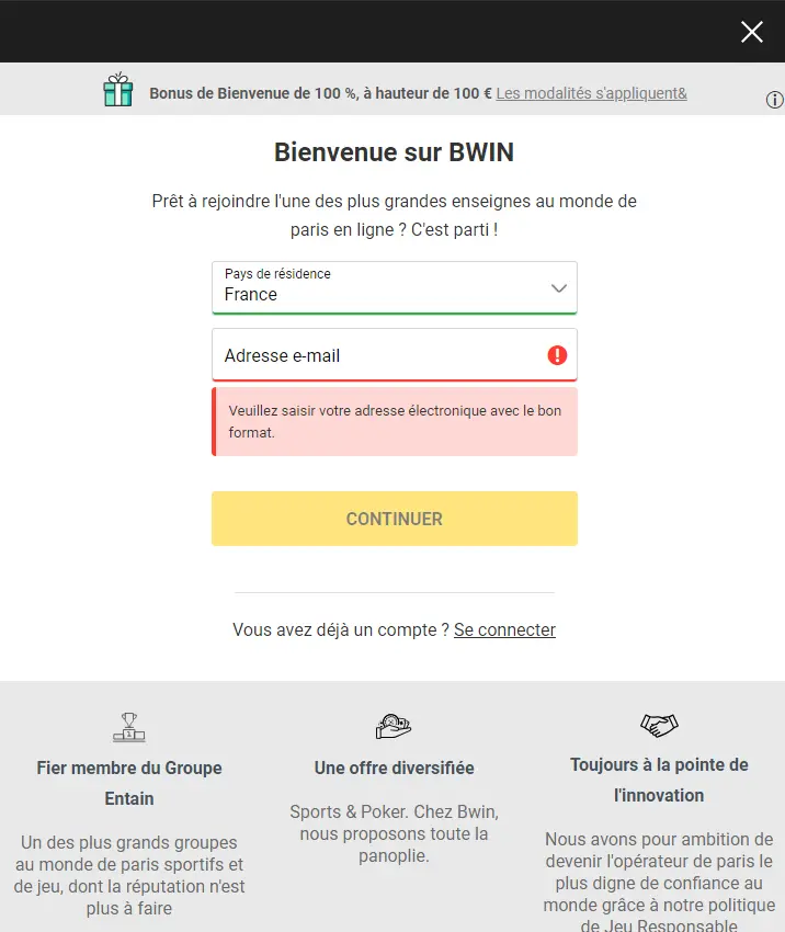 Formulaire d'inscription sur le site de Bwin